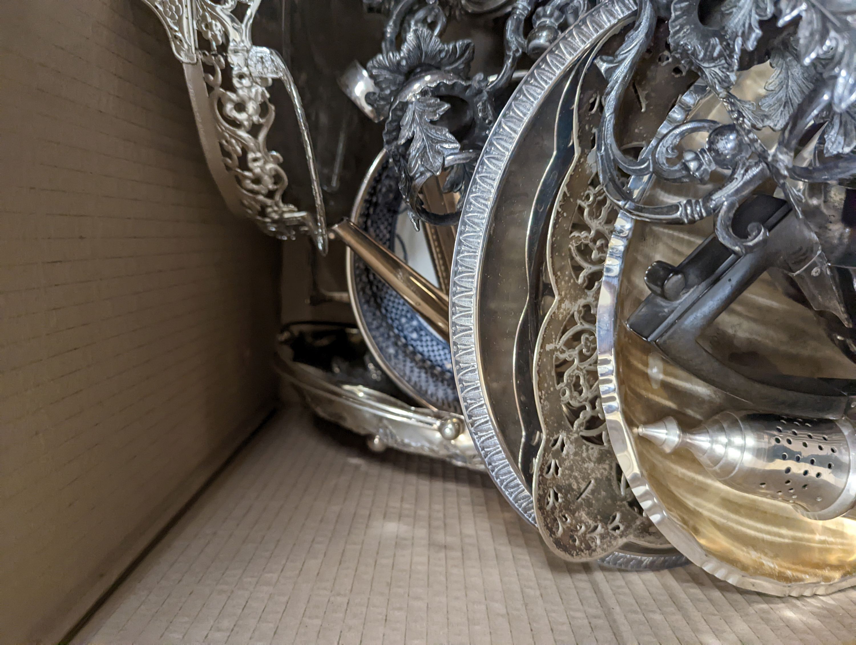 A 3 piece plated tea set, candelabra, tray and mixed silver plate